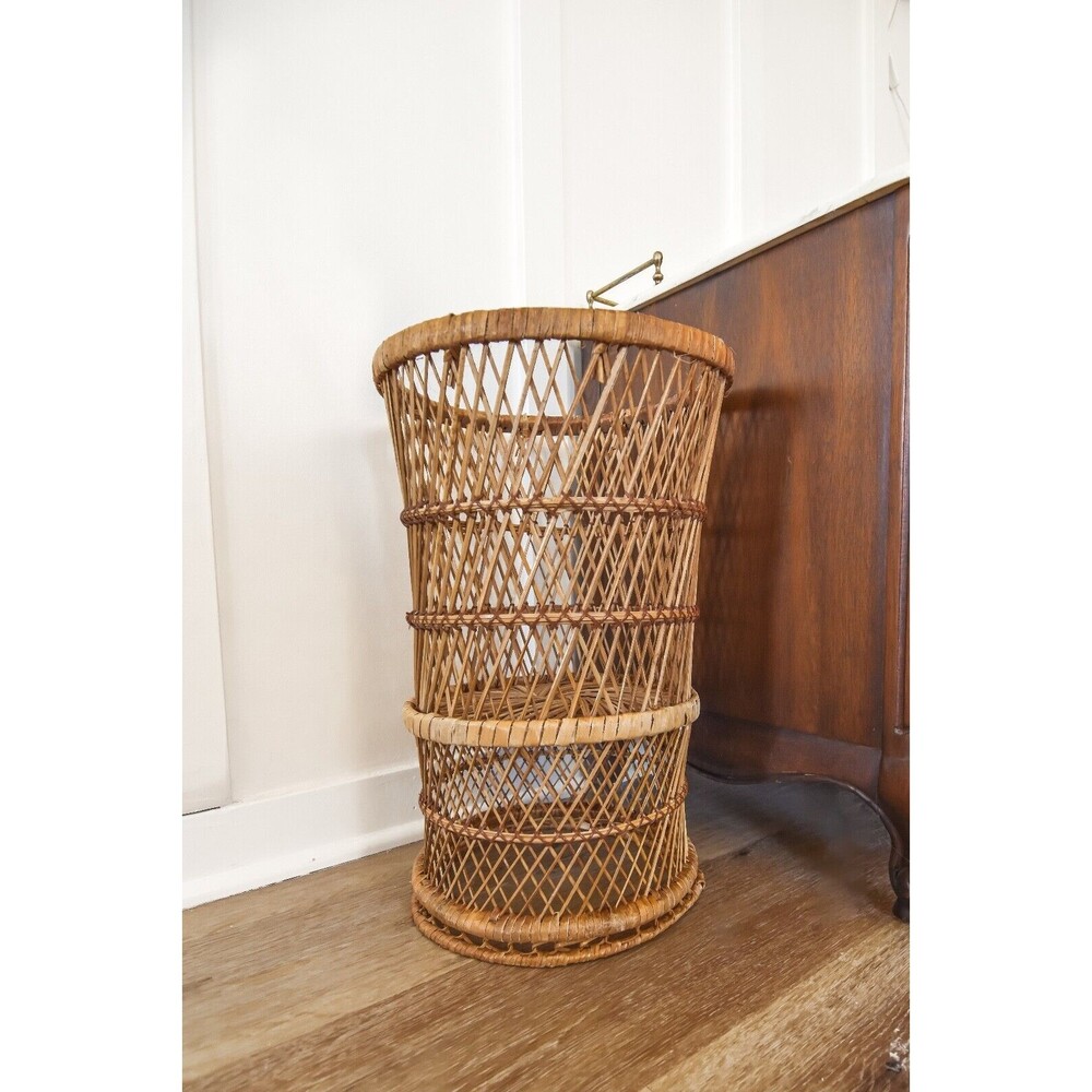 Vintage Rattan Planter Boho Wicker Rattan Wastebasket 20” Tall Handwoven